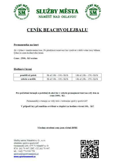 Ceník pronájmu beachvolejbalového kurtu 2017